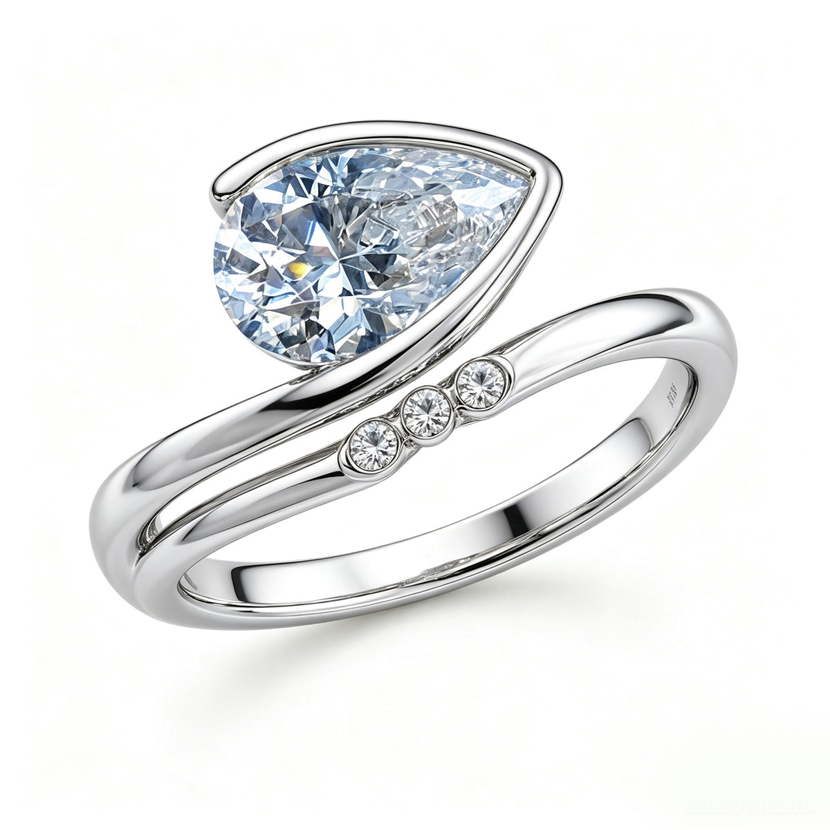 Silver Pear-Cut Diagonal Bezel Asymmetric Ring