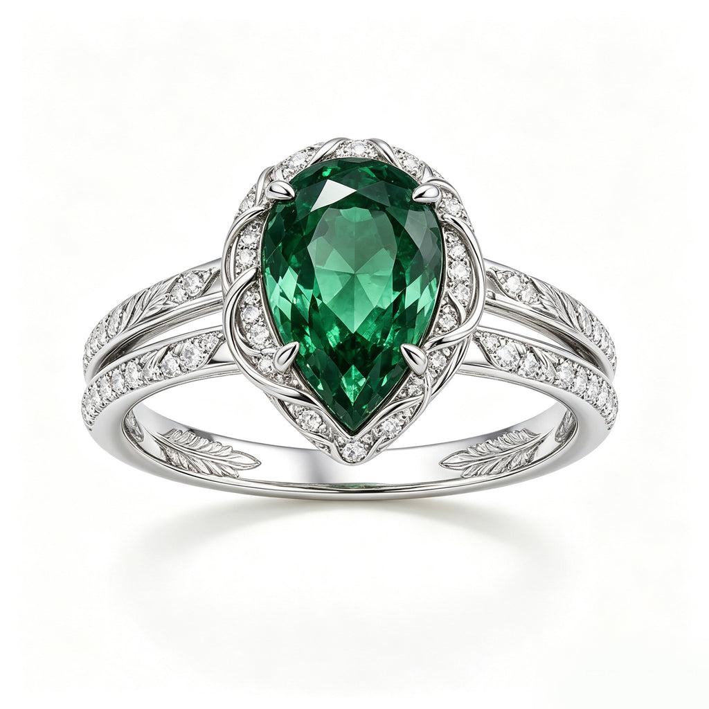 Silver Pear-Cut Emerald Filigree Split-Shank Ring
