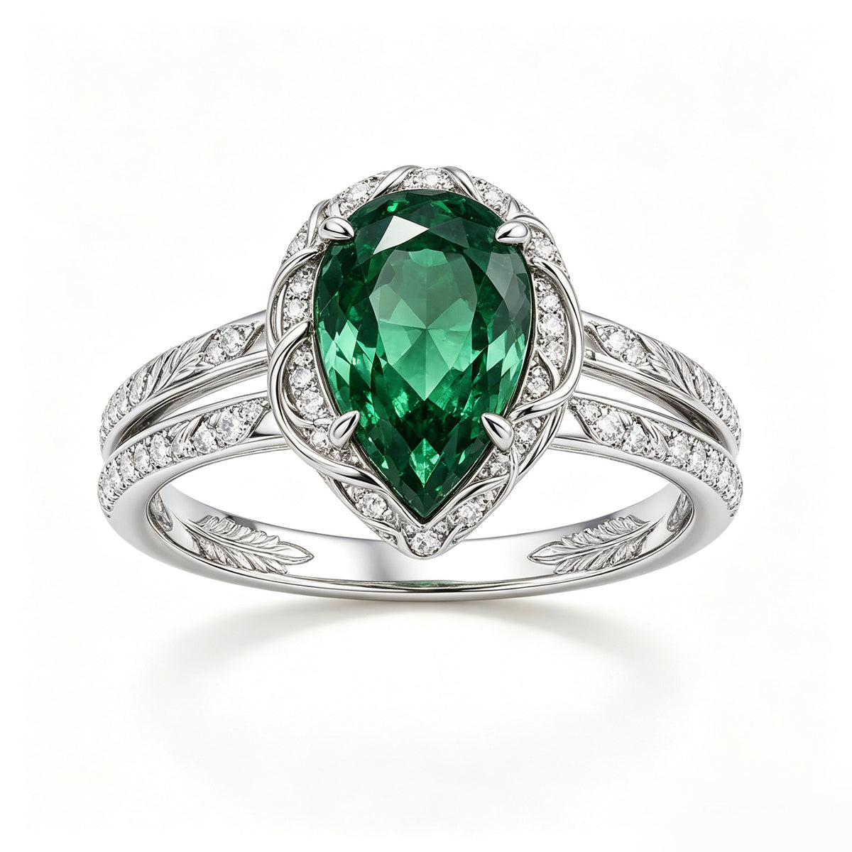 Silver Pear-Cut Emerald Filigree Split-Shank Ring