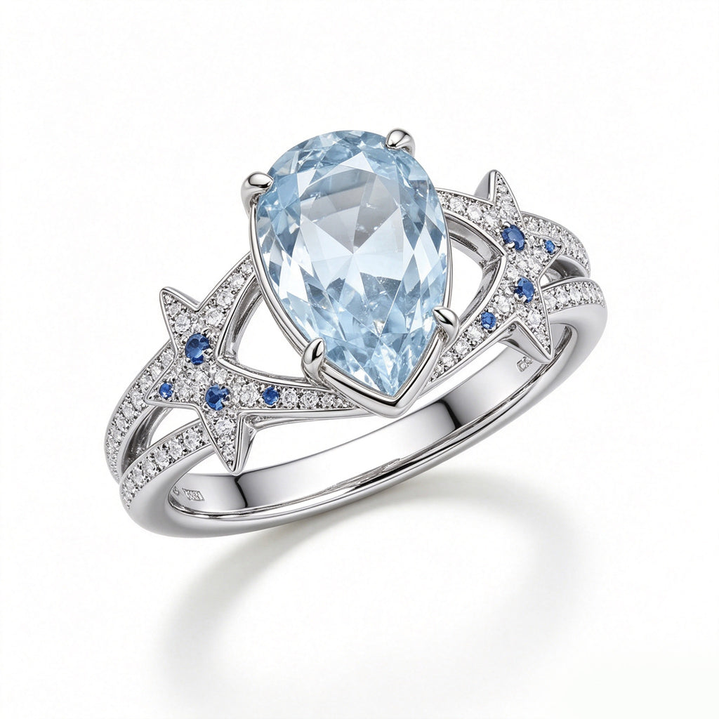 Silver Pear-Cut Aquamarine Celestial Star Split-Shank Ring