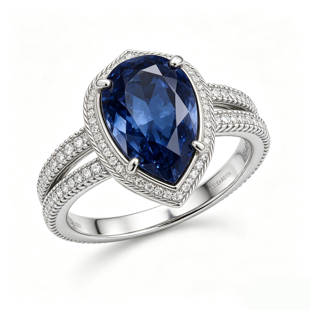 Silver Pear-Cut Sapphire Vintage Halo Split-Shank Ring