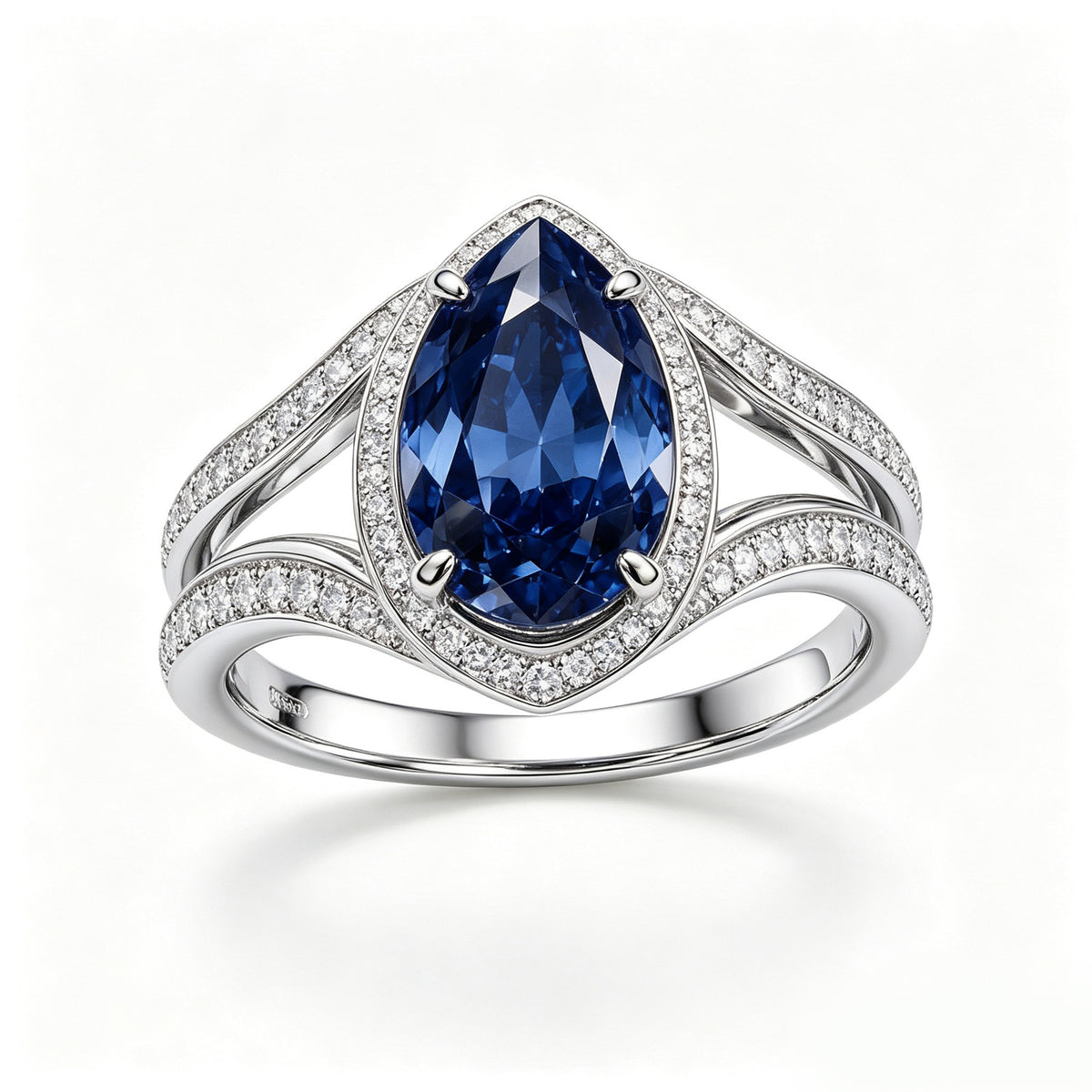 Silver Pear-Cut Sapphire Halo Split-Shank Ring