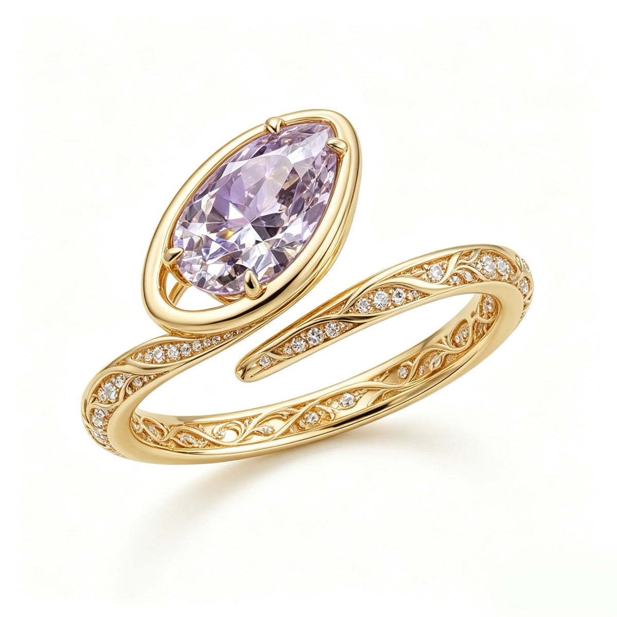 Gold Pear-Cut Kunzite Filigree Wrap Ring