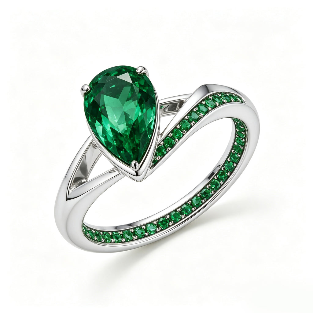Silver Pear-Cut Emerald Channel-Set Ring