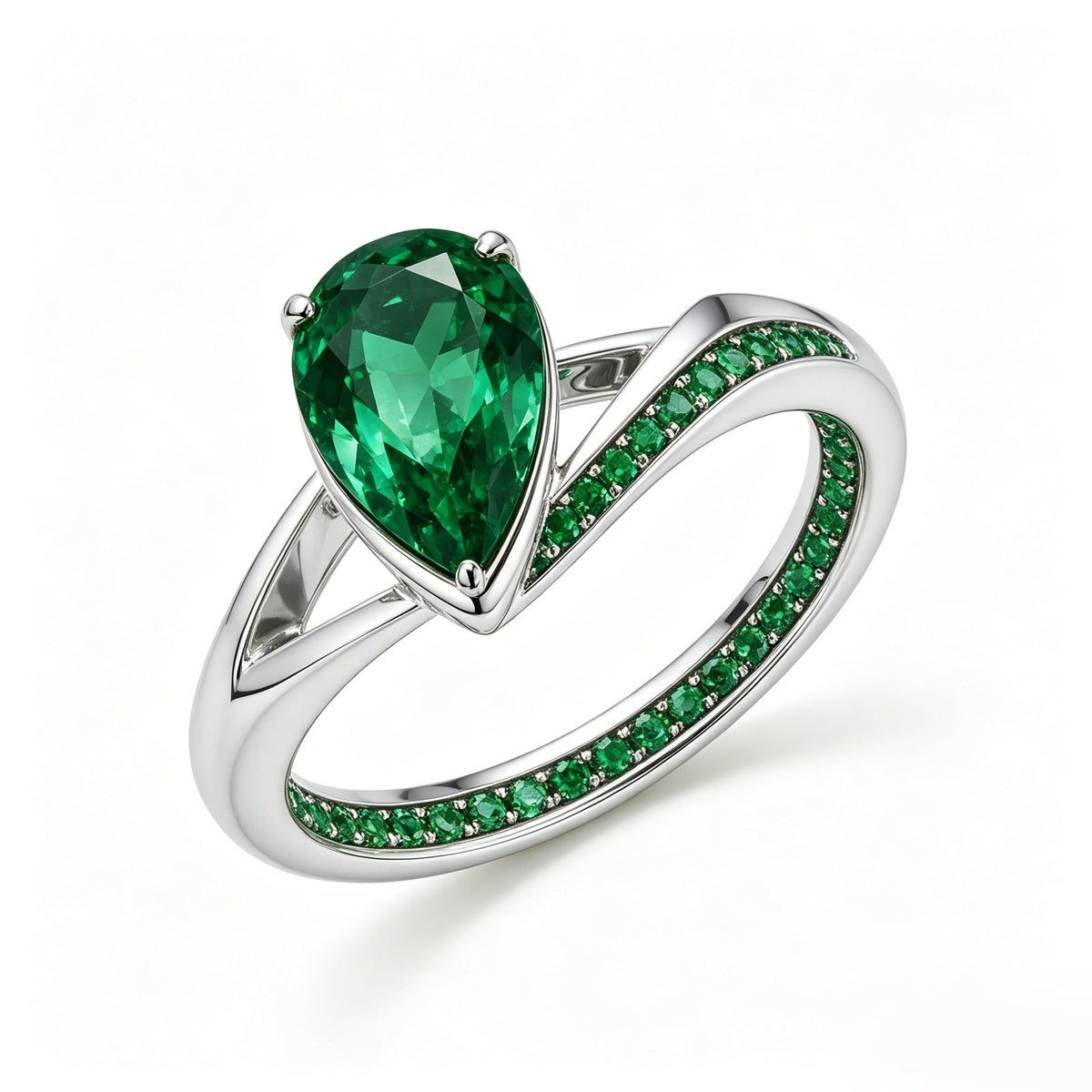 Silver Pear-Cut Emerald Channel-Set Ring