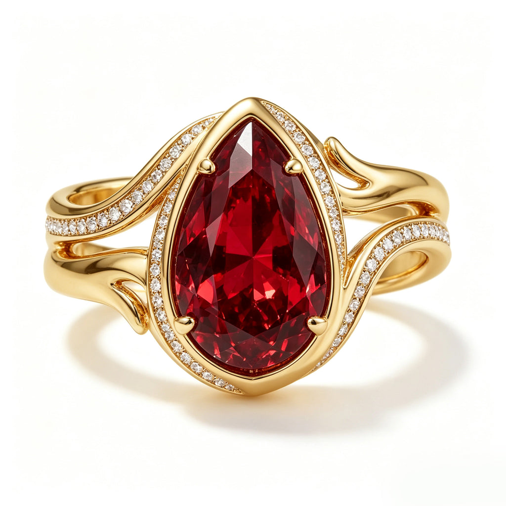Gold Pear-Cut Ruby Halo Swirl Ring
