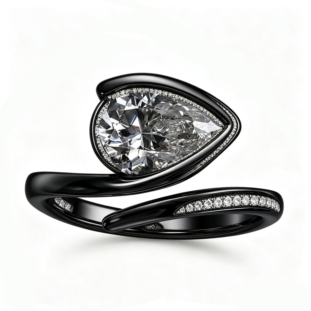 Black Rhodium Pear-Cut Asymmetric Wrap Ring