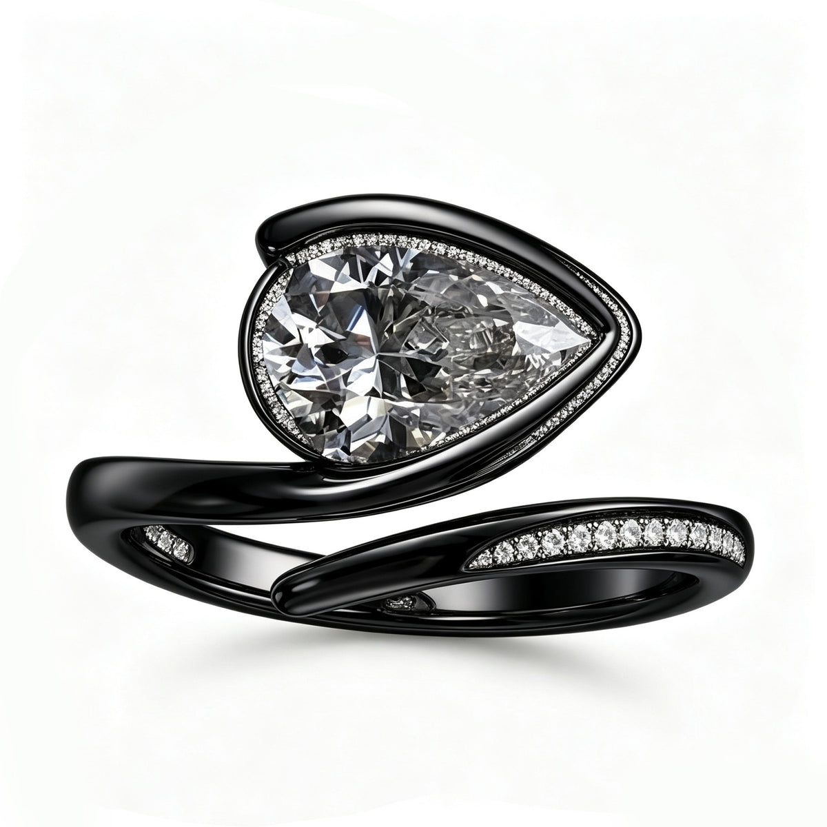 Black Rhodium Pear-Cut Asymmetric Wrap Ring