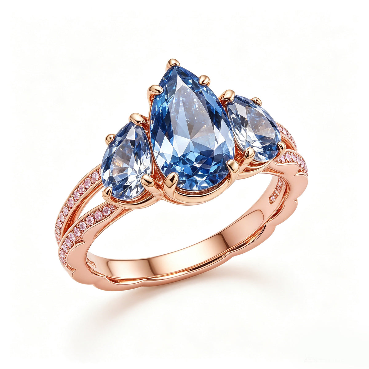 Rose Gold Triple Pear-Cut Blue Sapphire Split-Shank Ring