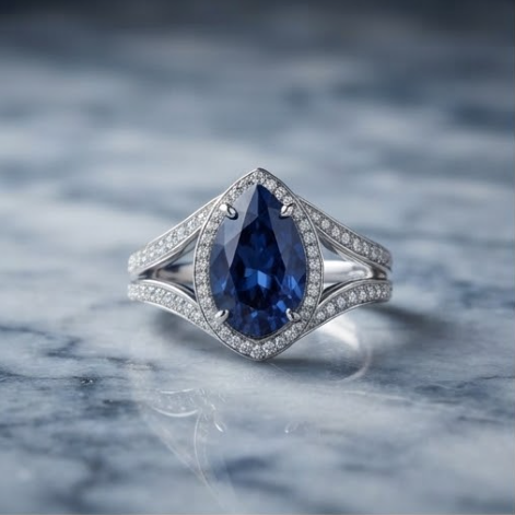 Silver Pear-Cut Sapphire Halo Split-Shank Ring
