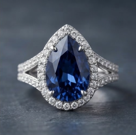 Silver Pear-Cut Sapphire Halo Split-Shank Ring