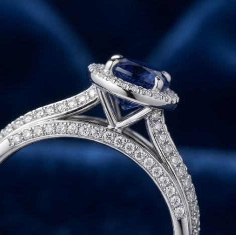 Silver Pear-Cut Sapphire Halo Split-Shank Ring