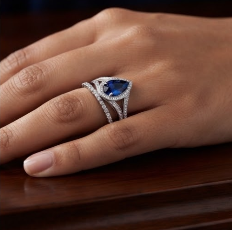 Silver Pear-Cut Sapphire Halo Split-Shank Ring