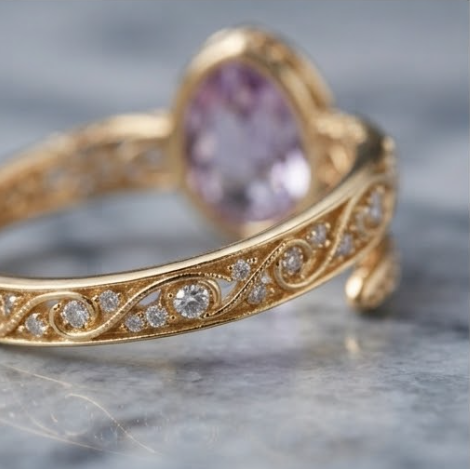 Gold Pear-Cut Kunzite Filigree Wrap Ring