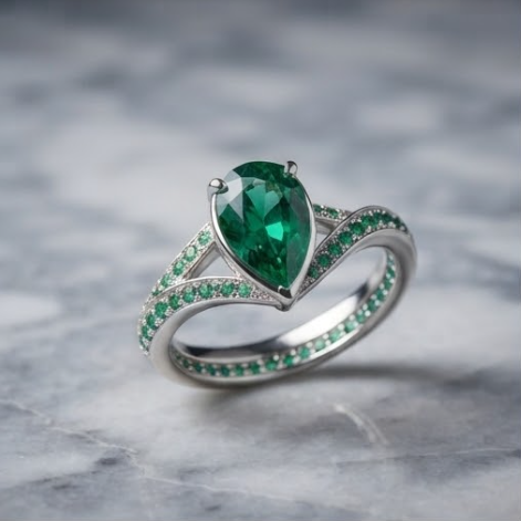 Silver Pear-Cut Emerald Channel-Set Ring
