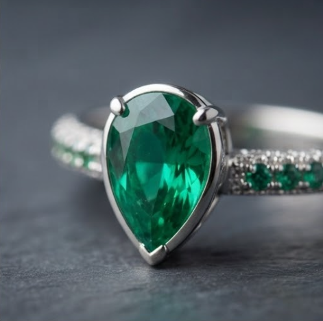 Silver Pear-Cut Emerald Channel-Set Ring