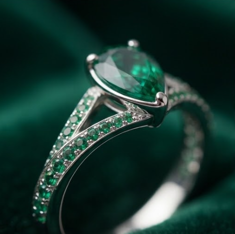 Silver Pear-Cut Emerald Channel-Set Ring