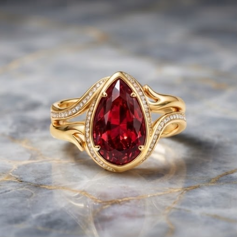 Gold Pear-Cut Ruby Halo Swirl Ring