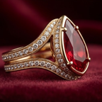 Gold Pear-Cut Ruby Halo Swirl Ring