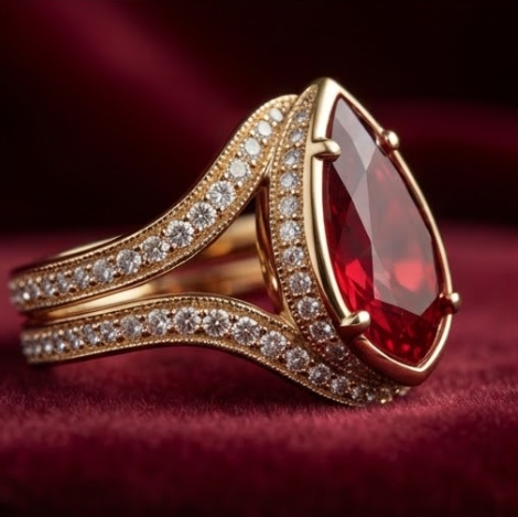 Gold Pear-Cut Ruby Halo Swirl Ring
