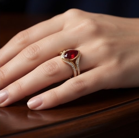 Gold Pear-Cut Ruby Halo Swirl Ring