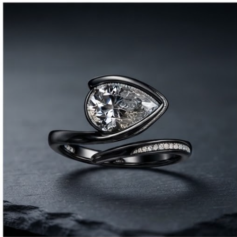 Black Rhodium Pear-Cut Asymmetric Wrap Ring