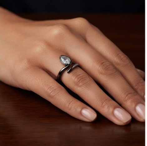 Black Rhodium Pear-Cut Asymmetric Wrap Ring