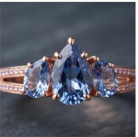 Rose Gold Triple Pear-Cut Blue Sapphire Split-Shank Ring