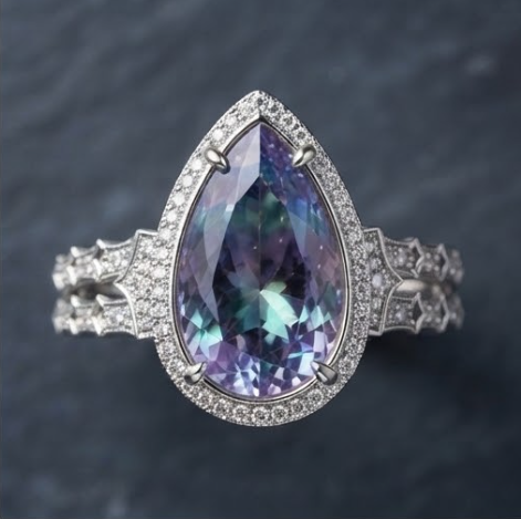 Silver Pear-Cut Alexandrite Art Deco Double-Band Ring