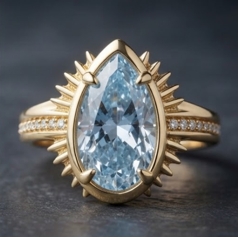 Gold Pear-Cut Aquamarine Sunburst Halo Ring