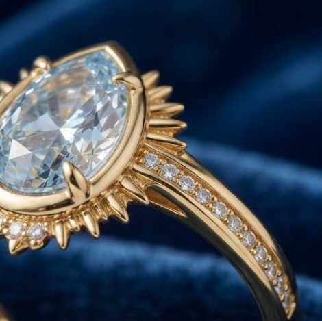 Gold Pear-Cut Aquamarine Sunburst Halo Ring