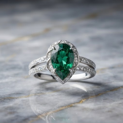 Silver Pear-Cut Emerald Filigree Split-Shank Ring