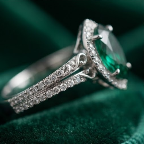 Silver Pear-Cut Emerald Filigree Split-Shank Ring