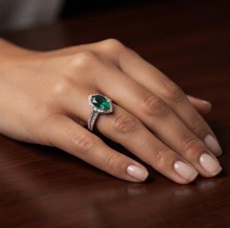 Silver Pear-Cut Emerald Filigree Split-Shank Ring