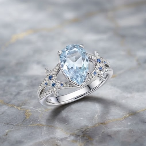 Silver Pear-Cut Aquamarine Celestial Star Split-Shank Ring