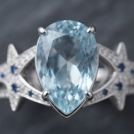 Silver Pear-Cut Aquamarine Celestial Star Split-Shank Ring