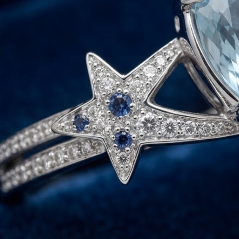 Silver Pear-Cut Aquamarine Celestial Star Split-Shank Ring