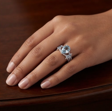 Silver Pear-Cut Aquamarine Celestial Star Split-Shank Ring