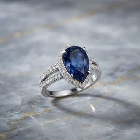 Silver Pear-Cut Sapphire Vintage Halo Split-Shank Ring
