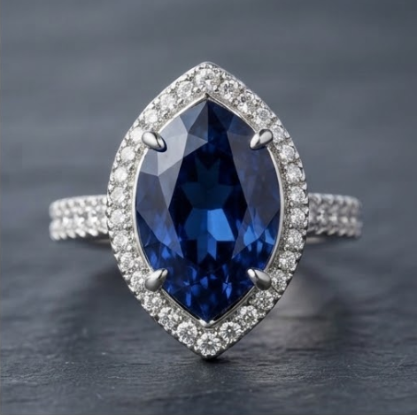 Silver Pear-Cut Sapphire Vintage Halo Split-Shank Ring