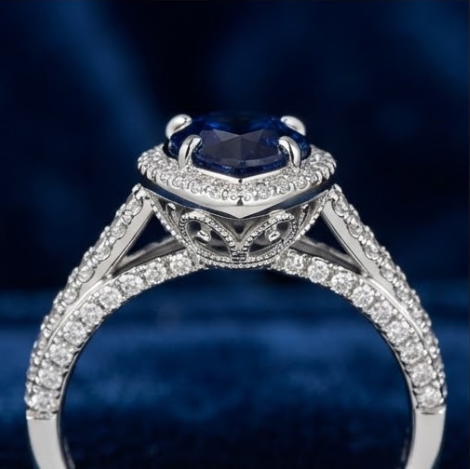 Silver Pear-Cut Sapphire Vintage Halo Split-Shank Ring