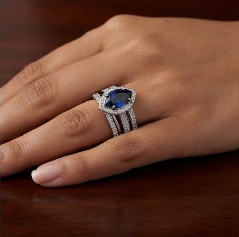 Silver Pear-Cut Sapphire Vintage Halo Split-Shank Ring