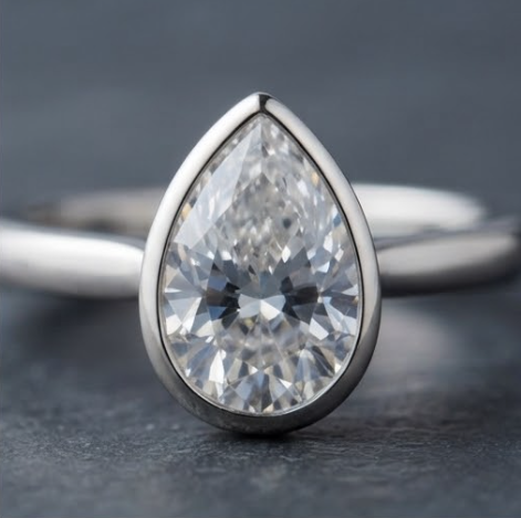 Silver Pear-Cut Diagonal Bezel Asymmetric Ring