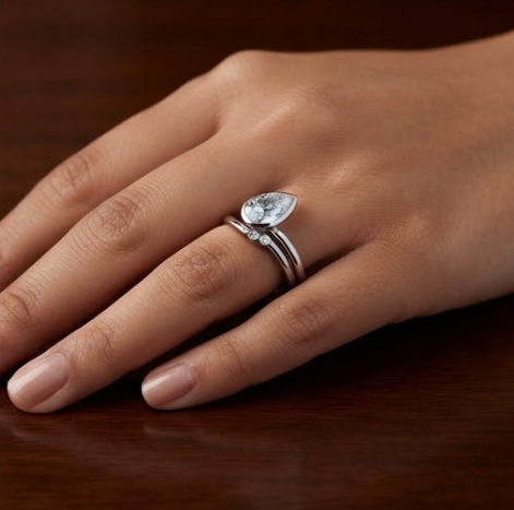 Silver Pear-Cut Diagonal Bezel Asymmetric Ring